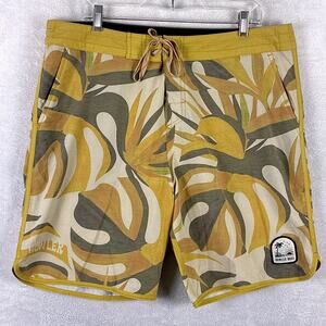 Howler Brothers Board Shorts Mens 38 Yellow Palm AOP Bruja Stretch Beach Surf